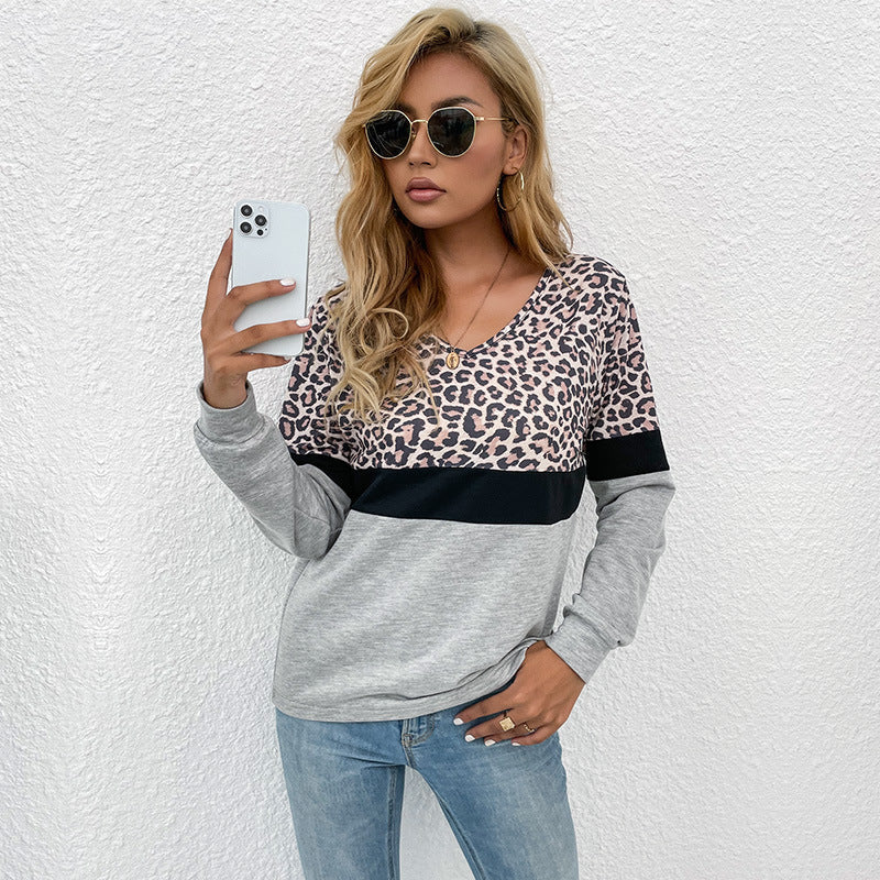 Damen Pullover Lässig Kontrast Leo-Print Eveloria