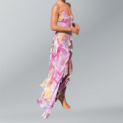 Damen Maxikleid Florale Rüschen Elegantem Schlitz