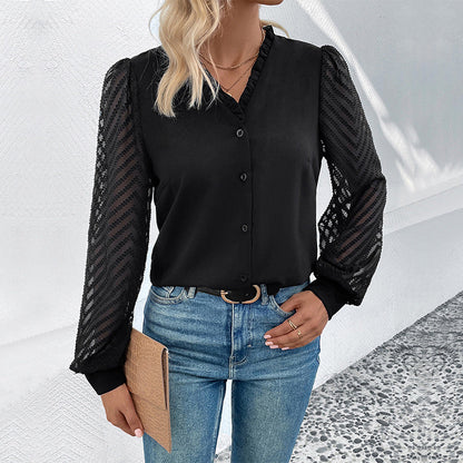 Damen Bluse Rüschendetails transparente Spitze Elegant