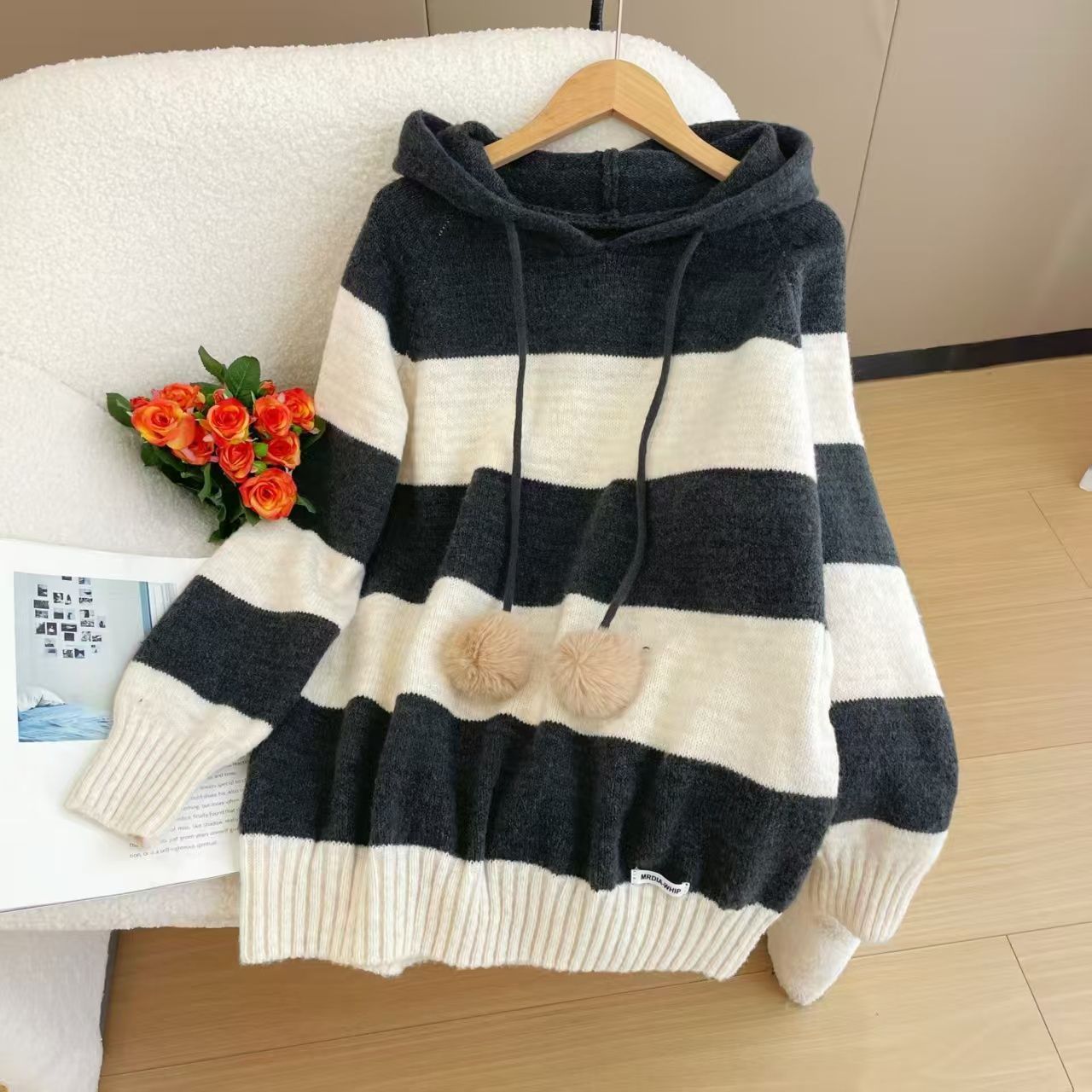 Damen Hoodie Gestreift Bommel