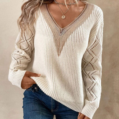 Damen Strickpullover V-Ausschnitt Eingrifftaschen Eveloria