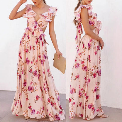 Damen Maxikleid Rüschen Floralmuster Eveloria - Eveloria