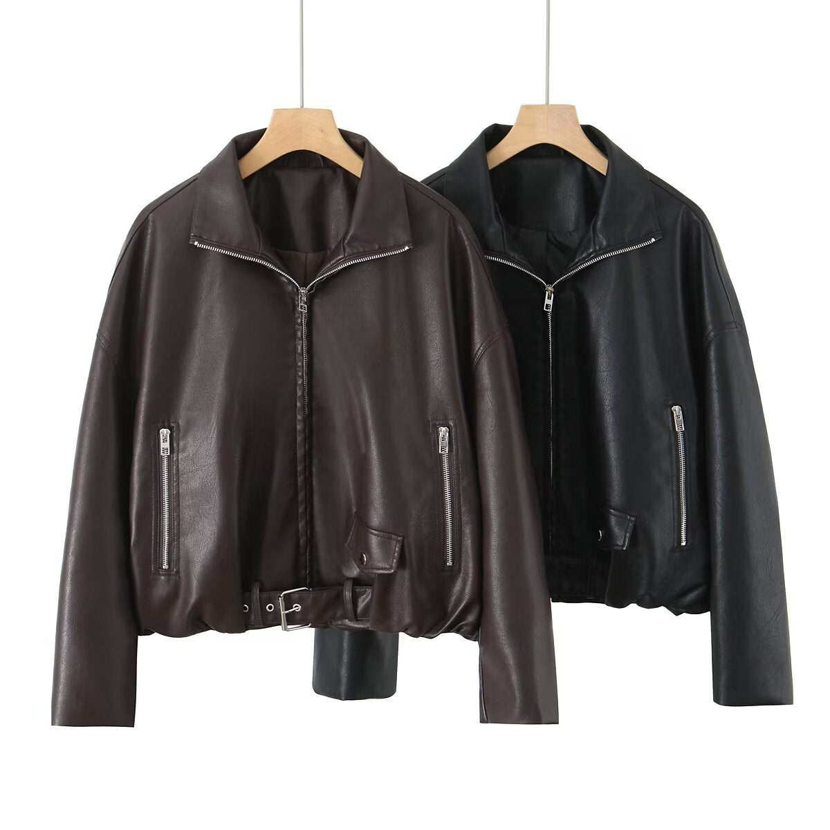 Damen Kunstlederjacke Hochkragen Einzigartiges Design Schwarz - Eveloria