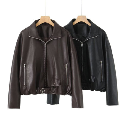 Damen Kunstlederjacke Hochkragen Einzigartiges Design Schwarz - Eveloria