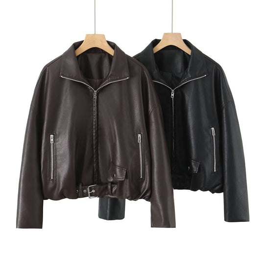 Damen Kunstlederjacke Hochkragen Einzigartiges Design Schwarz - Eveloria