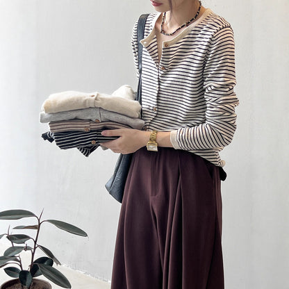 Damen Langarmshirt Maritimes Streifenmuster Baumwolle Weiß