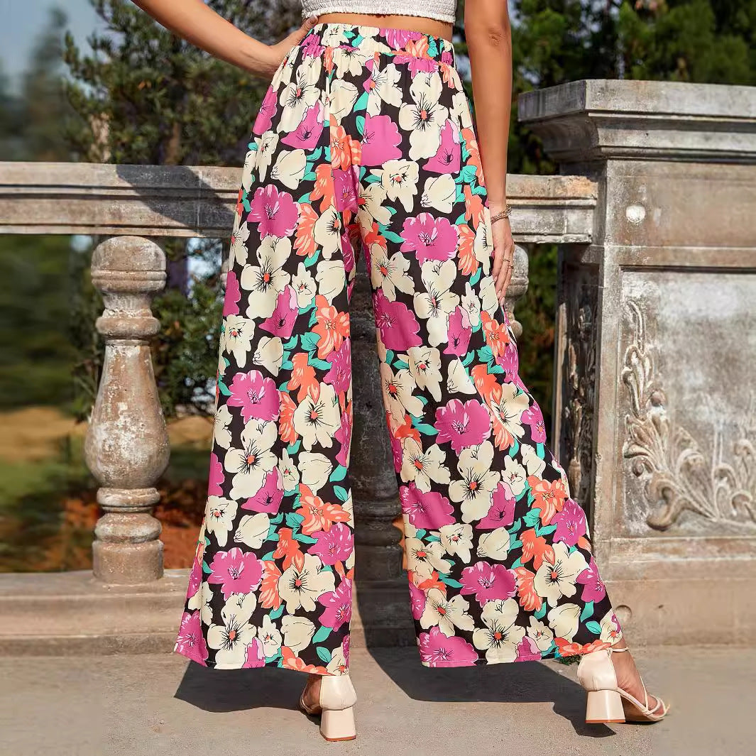 Damen Palazzo-Hose Blumenmuster Elastisch