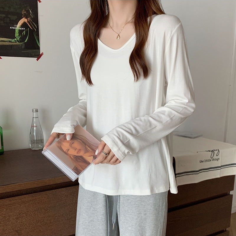 Damen Langarmshirt V-Ausschnitt Baumwolle Komfortschnitt