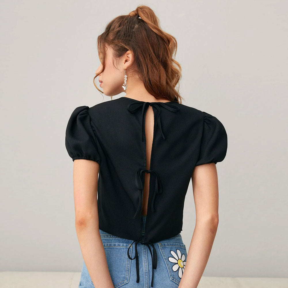 Damen Cropped mit Puffärmeln Rundhalsausschnitt
