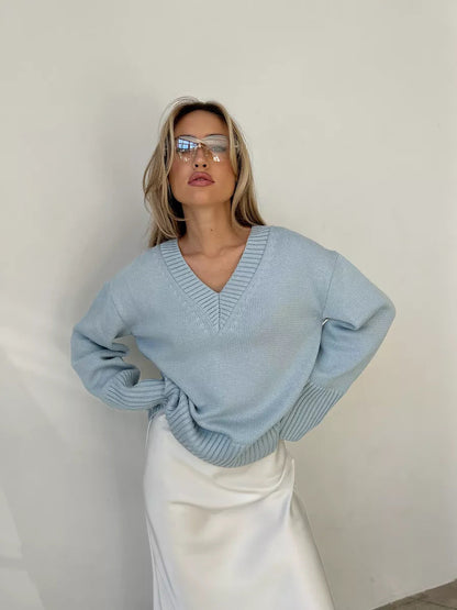 Damen Strickpullover V-Ausschnitt Lässig Eveloria