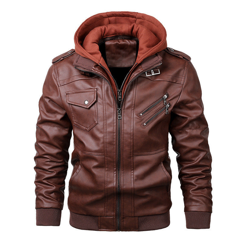 Herren Kunstlederjacke Slim Fit mit Kapuze und Rippenbündchen Schwarz - Eveloria