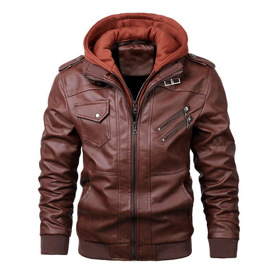 Herren Kunstlederjacke Slim Fit mit Kapuze und Rippenbündchen Schwarz - Eveloria
