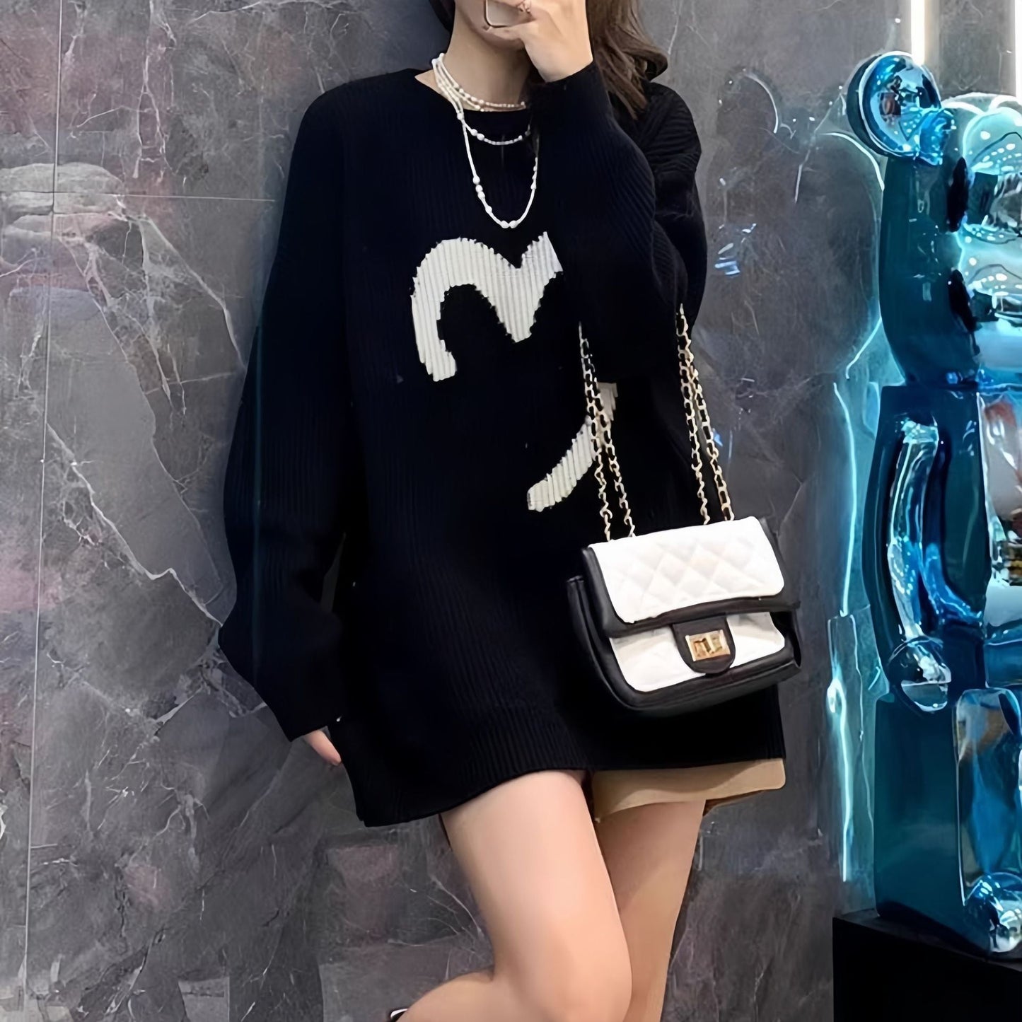 Damen Pullover Übergröße Stricksmiley Muster Eveloria
