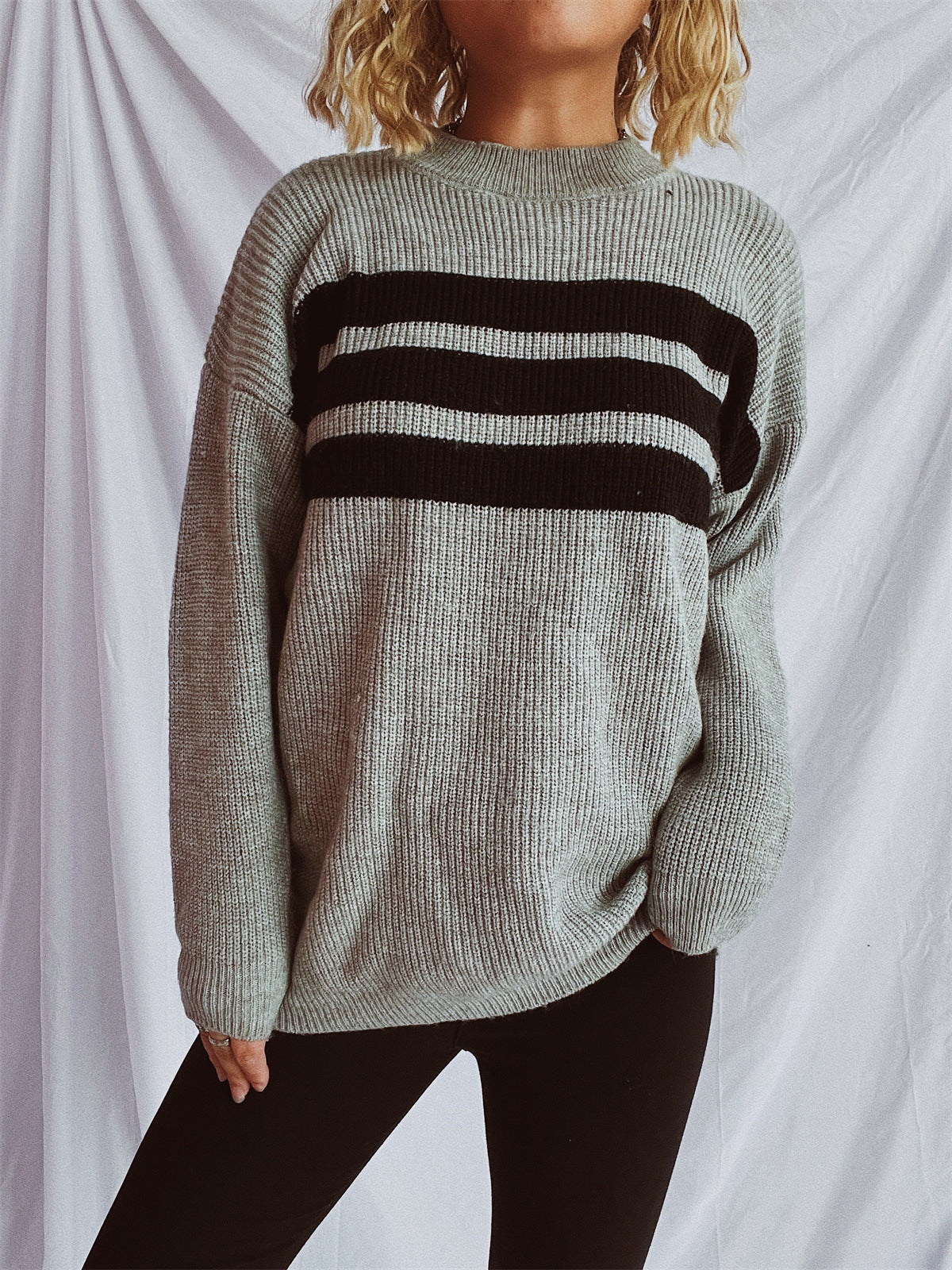 Damen Strickpullover Oversized Horizontalstreifen Beige