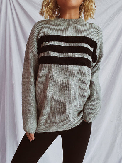 Damen Strickpullover Oversized Horizontalstreifen Beige