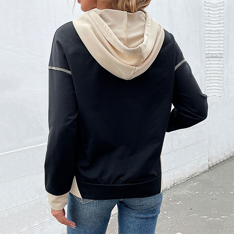 Damen Kapuzenpullover mit Taschen Kontrastärmel Grau