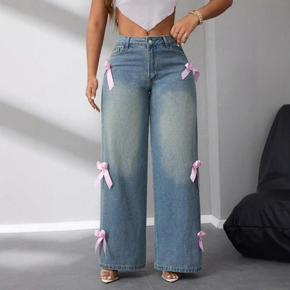 Damen High-Waist Jeans Weite Mit Schleifenapplikationen Eveloria - Eveloria