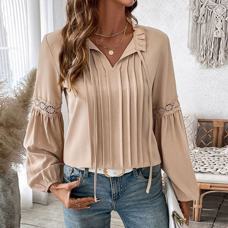 Damen Longbluse Spitzenakzente Feine Falten Elégant Weiß - Eveloria