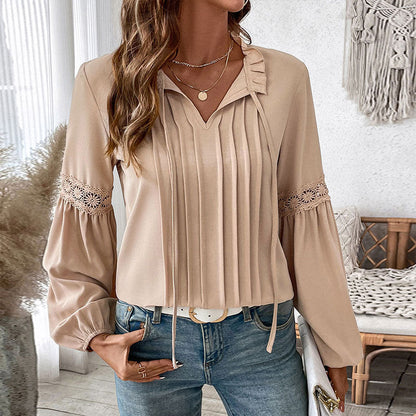 Damen Longbluse Spitzenakzente Feine Falten Elégant Weiß - Eveloria