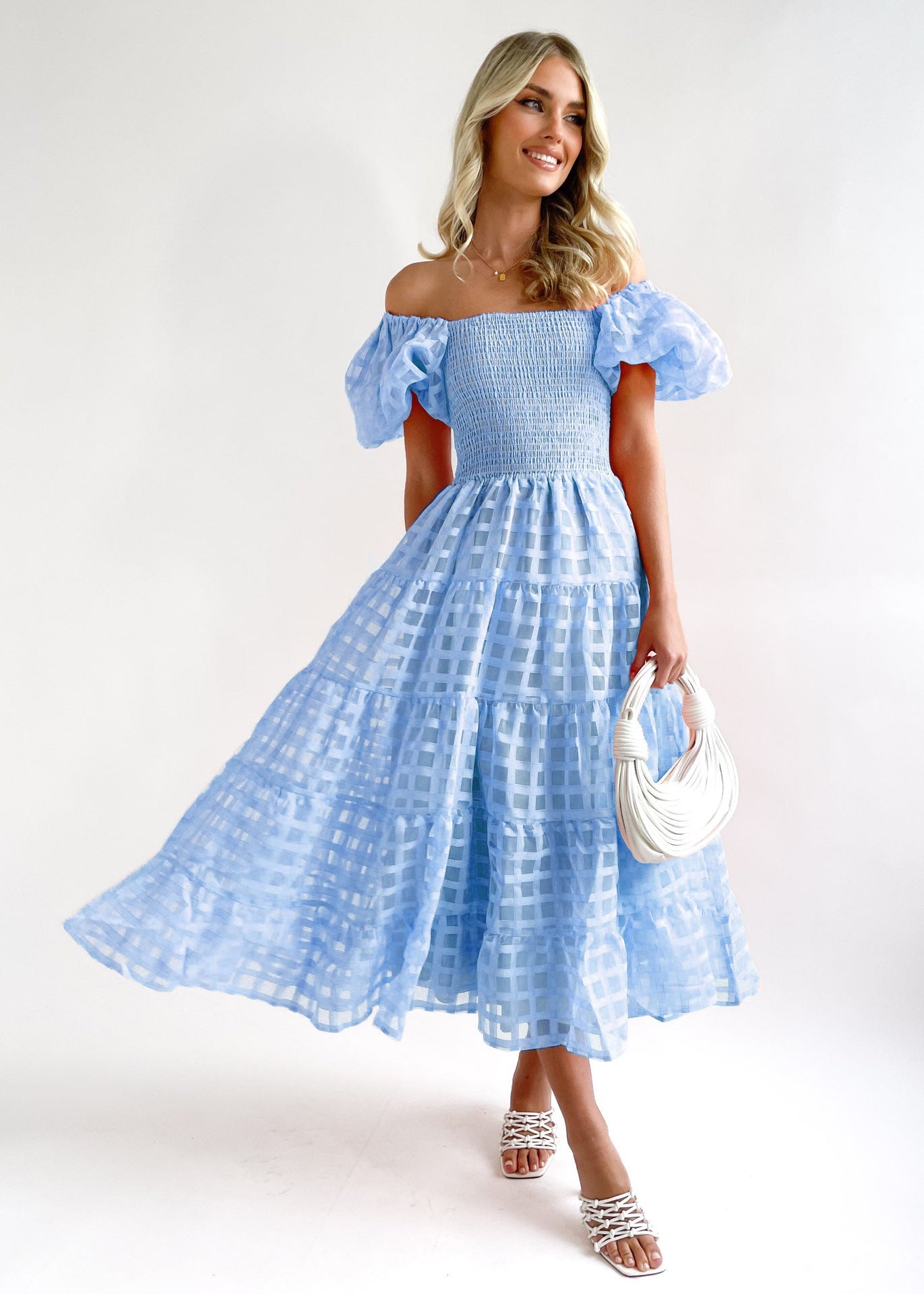 Damen Maxi-Kleid Puffärmel Elastisch Eveloria