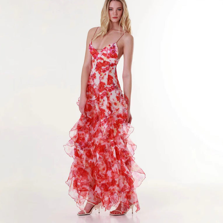 Damen Maxikleid Chiffon Fließend Rüschendetails Blumenmuster