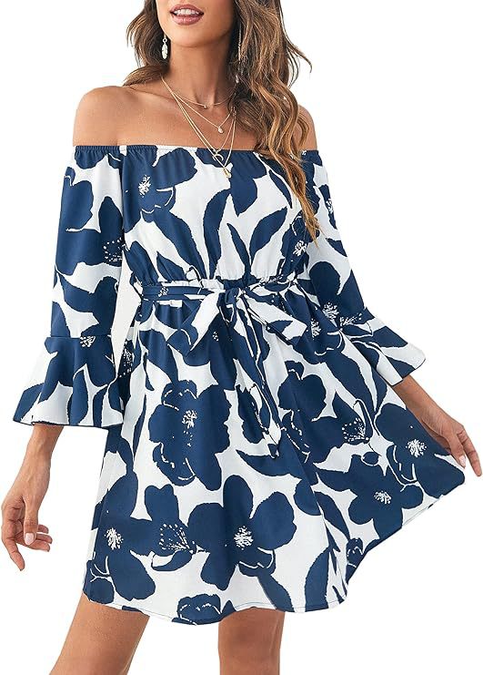 Damen Off-Shoulder Kleid Bunt Muster Eveloria