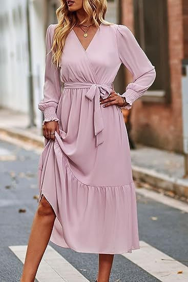 Damen Midi-Kleid V-Ausschnitt Bindegürtel Eveloria