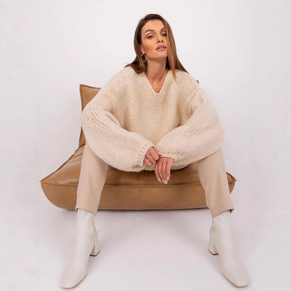 Damen Oversized Pullover Grobstrick Weite Ärmel Beige