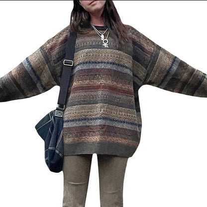 Damen Oversized-Pullover Bunt Streifenmuster Weite Ärmel
