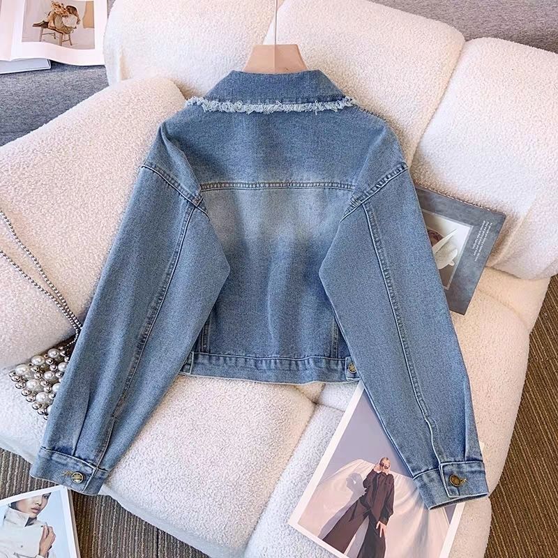 Damen Cropped Denimjacke Fransen Knöpfe Blau