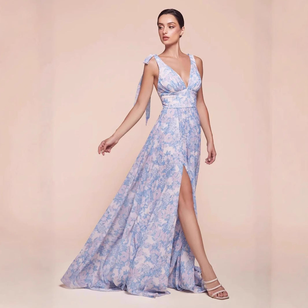 Damen Maxikleid Romantisch Floralmuster Tiefes Dekolleté - Eveloria