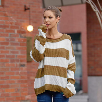 Damen Strickpullover Weites Streifenmuster Beige