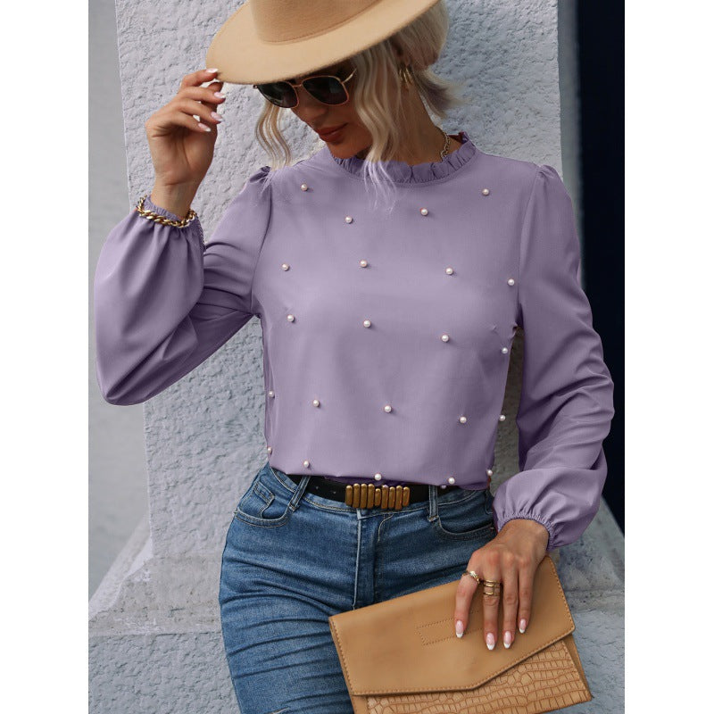 Damen Bluse Perlenverzierung Rüschendetails