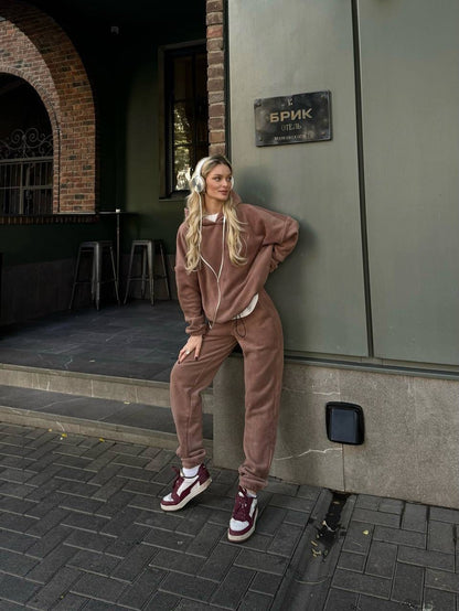 Damen Fleece-Jogginganzug Hochbündig Mit Taschen Grau Eveloria