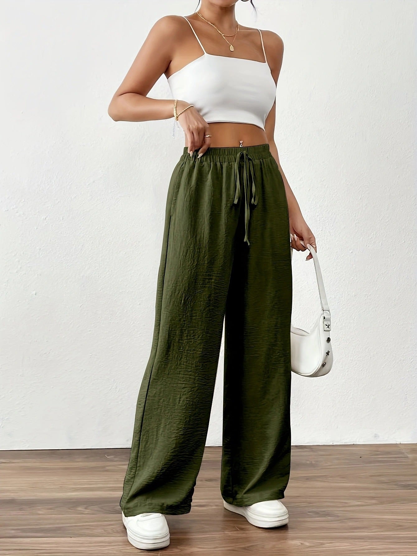 Damen Chiffon-Hose Weite Elastischer Bund Beige