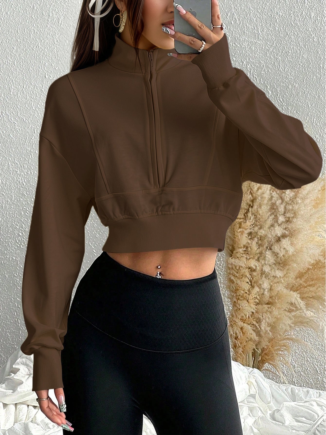 Damen Cropped Sweatshirt Softes Material Hochschließender