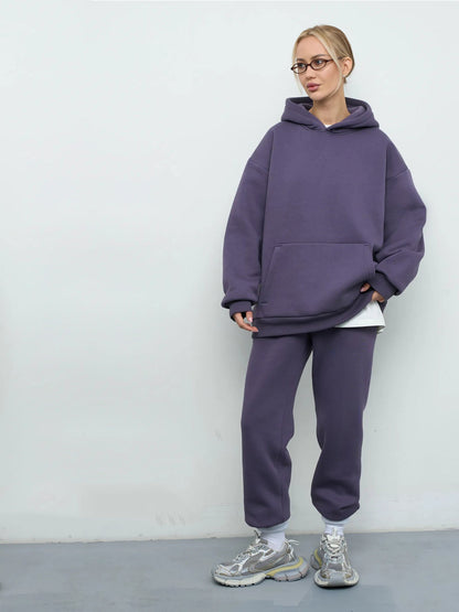 Damen Sweat-Set mit Kapuze Weites Cut Grau Eveloria