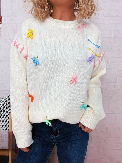 Damen Pullover Bunte Applikationen Weite Passform