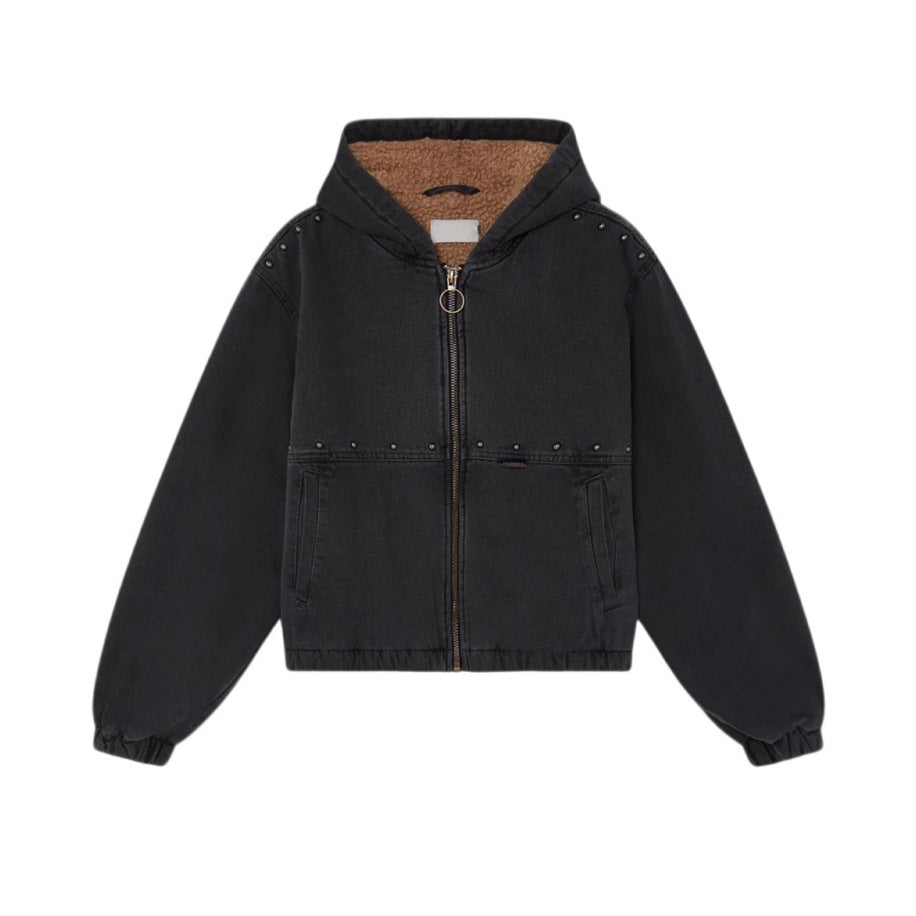 Damen Jeansjacke Kapuze Taschen Eveloria