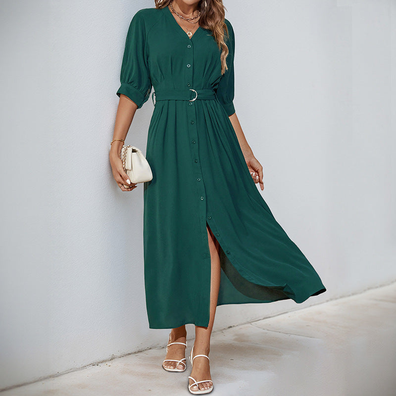 Damen Maxikleid Tailliert Gürtel Knöpfe Eveloria