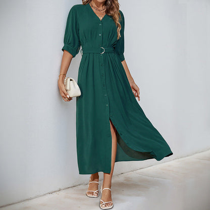 Damen Maxikleid Tailliert Gürtel Knöpfe Eveloria