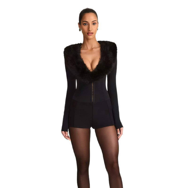 Damen Jumpsuit Fellkragen Figurbetont Eveloria