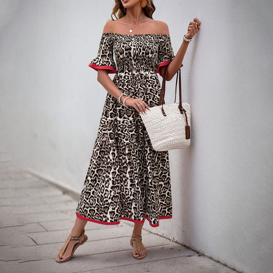 Damen Maxikleid Off-Shoulder Rüschendetails Tiermuster Schwarz - Eveloria