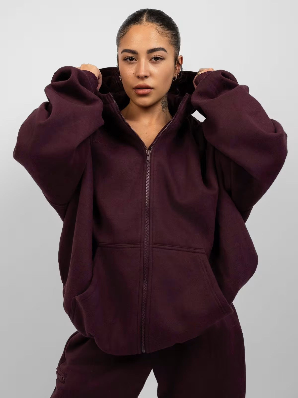 Damen Fleece Hoodie Jogginghose Set mit Reißverschluss und Taschen