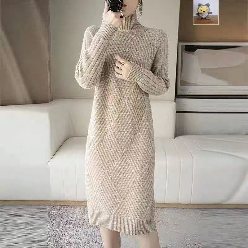 Damen Strickkleid Stehkragen Rippmuster Eveloria - Eveloria