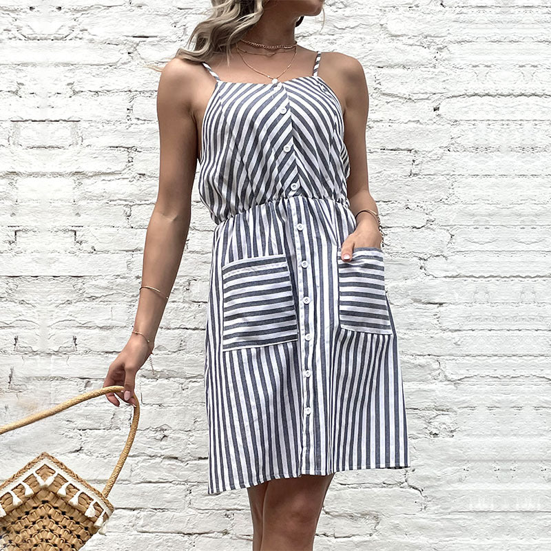 Damen Strandkleid mit Knöpfen und Taschen Blau Eveloria