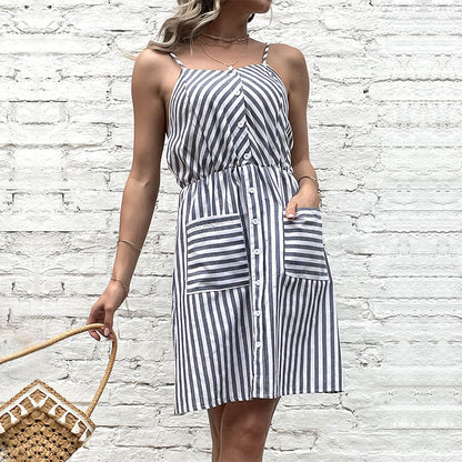 Damen Strandkleid mit Knöpfen und Taschen Blau Eveloria