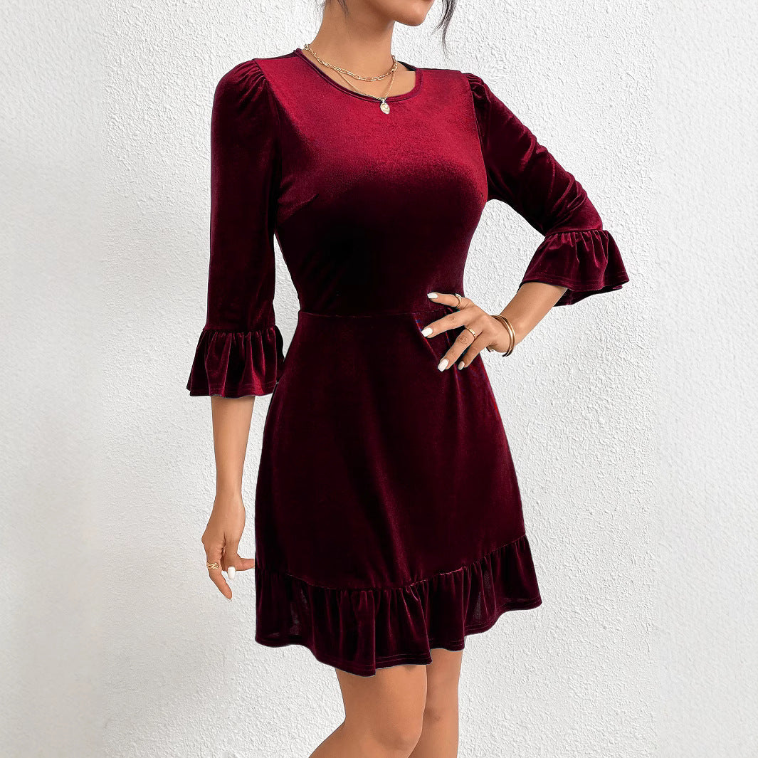 Damen Minikleid Samt Rüschendetails Voluminöse Ärmel Eveloria