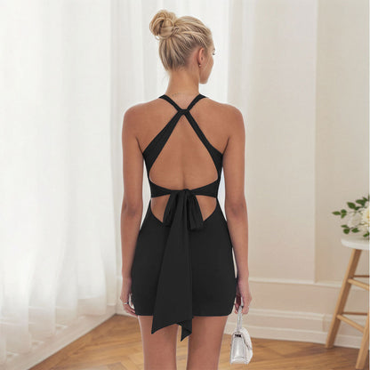 Damen Ärmelloses Minikleid V-Ausschnitt Dekorativer Twist