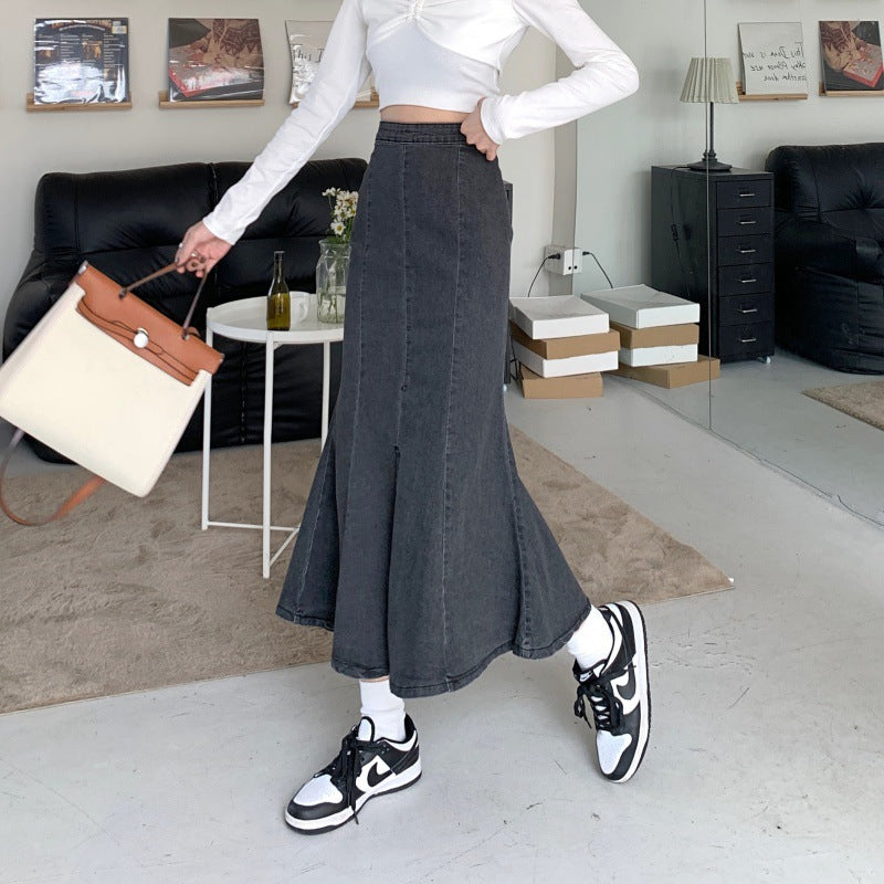 Damen Denim-Rock Flared mit hohem Schlitz Eveloria